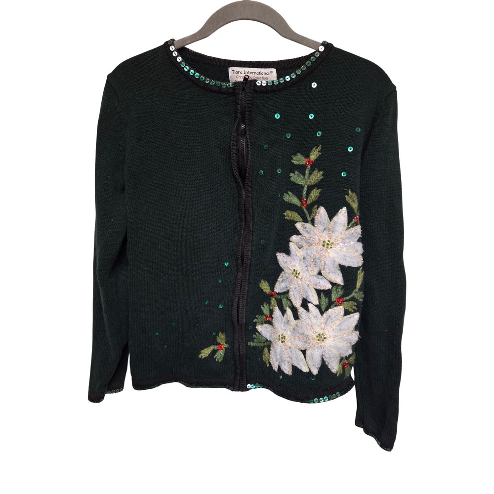 Tiara International‎ Christmas Cardigan Sweater Poinsettia Sequins Holiday M
